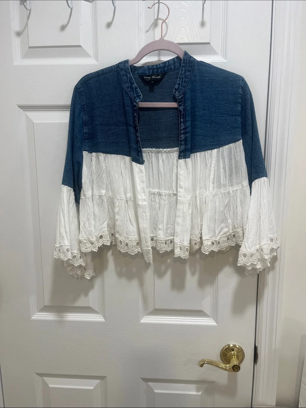 Whitley Croft Denim & Lace Open Jacket - Blue and White - Picture 1 of 4
